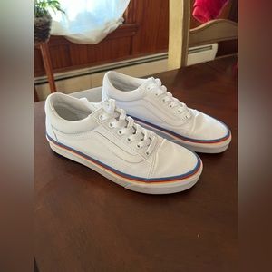 Women 7 vans, white with red,blue, and yellow stripes